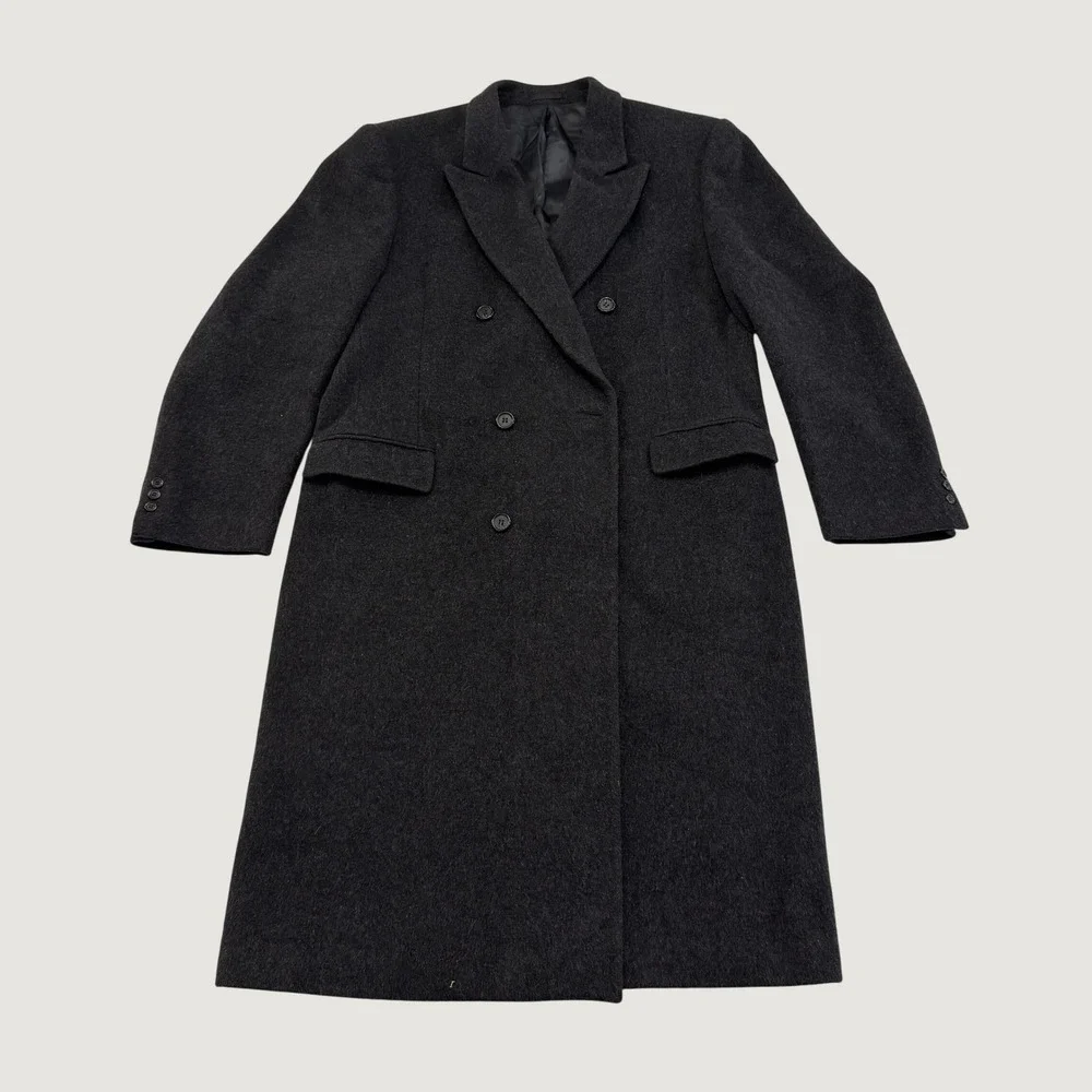 Mens 44L Charcoal Gray Wool Cashmere Double Breasted Full Length Overcoat